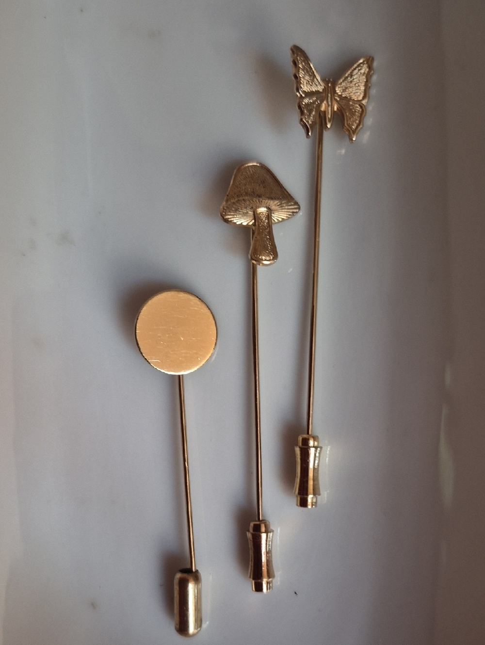 3 PC Vintage 1980's gold stick pins Hat Lapels Mushroom Butterfly assorted